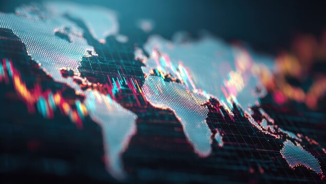 World map overlaid with financial data, showing fluctuating trends
