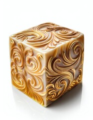 Elegant gold and cream decorative cube with swirling patterns, perfect for design and artistic projects.