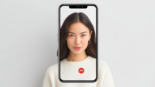 Young woman holding a smartphone with a digital face filter effect.