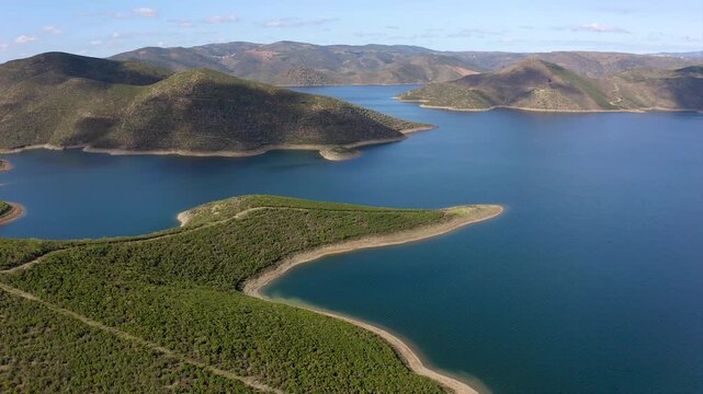 Aerial view from Miradouro da Serpente do Medal, a stunning panoramic view over the Sabor Lakes, namely the Medal Lake and the Sanctuaries Lake.