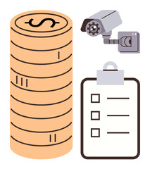 Stack of coins next to a checklist and security camera indicating monetary oversight or fiscal monitoring. Ideal for finance, business, security, audits, compliance, planning, safety. Simple flat
