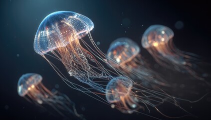 Luminous jellyfish swarm, ocean depths, dark background, digital art, science