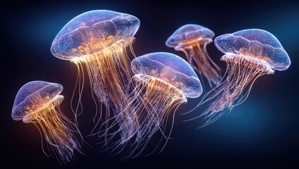 Obraz premium Glowing Jellyfish Swarm Ocean Deep, Dark Background, Science Illustration