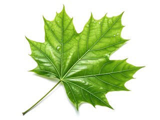 Single vibrant green maple leaf with water droplets on white background