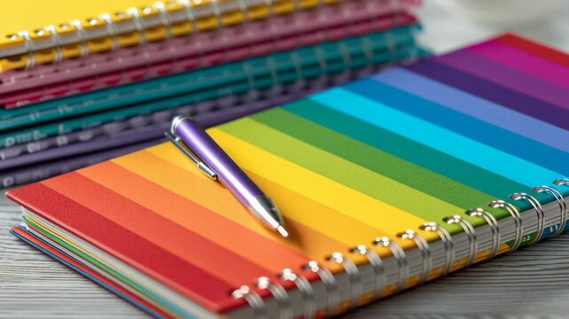 LGBTQ and diversity concept, Colorful notebook with a silver pen on a textured surface.