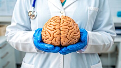 Doctor holding human brain model with gloves in medical environment
