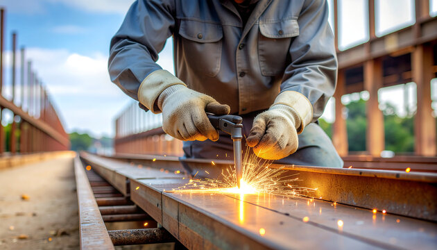 Welder at work cutting metal, construction worker using a welding torch on metal - Powered by Adobe