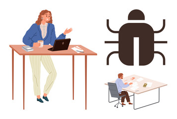 Woman working confidently on software project with laptop at standing table, bug icon symbolizing debugging, coworker at desk in background. Ideal for teamwork, programming, debugging, project