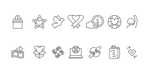 Charity and social welfare icon set collection for giving, nonprofit organizations, volunteering, donation, community support, humanitarian aid, and global relief
