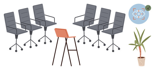Grey office chairs, an orange bar stool, plant, and an eye-checkmark graphic. Ideal for workplace culture, ergonomics, seating arrangement, inclusion, professionalism accessibility simple flat