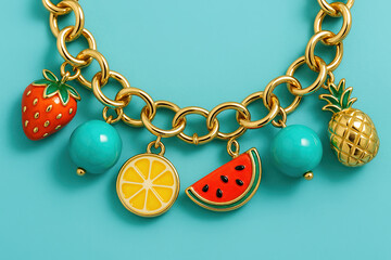 Gold Charm Bracelet with Fruit & Turquoise Beads