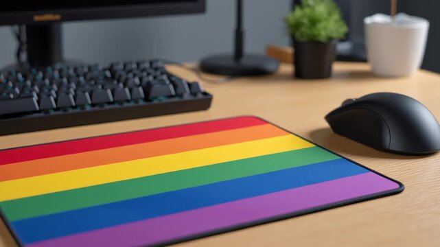LGBTQ and diversity concept, Colorful rainbow mouse pad on a wooden desk with computer accessories.