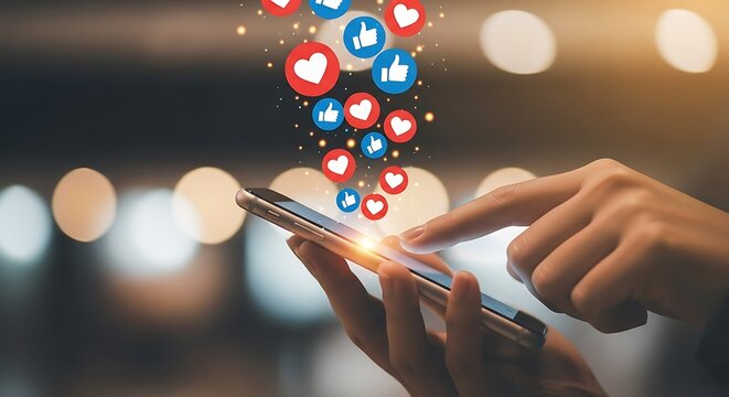 Person using smartphone with social media likes and hearts