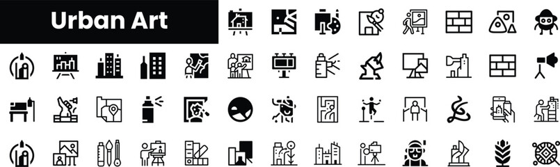 A collection of diverse urban art icons showcasing creativity in various forms such as painting, graffiti, and street performances, perfect for artistic projects.