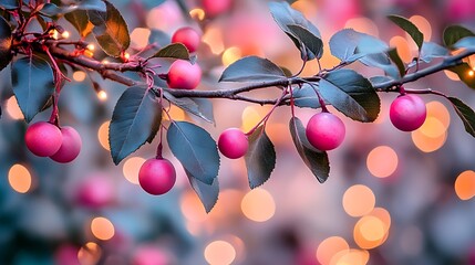 Pink berries on a branch, illuminated by warm lights.