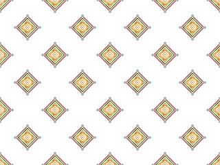 seamless pattern with colorful squares Young woman standing and talking on the phone
