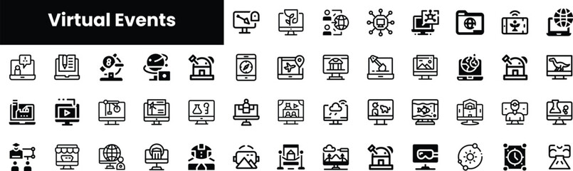 A collection of black and white icons representing virtual events, showcasing various digital elements like webinars, online meetings, and networking tools.