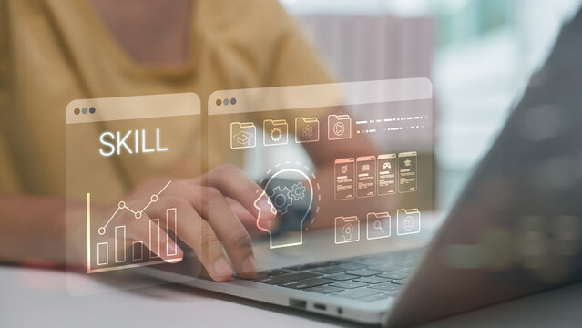 Digital upskilling and personal development concept with user learning new skills through online platform, showing growth mindset, education technology, and self-improvement via digital tools.