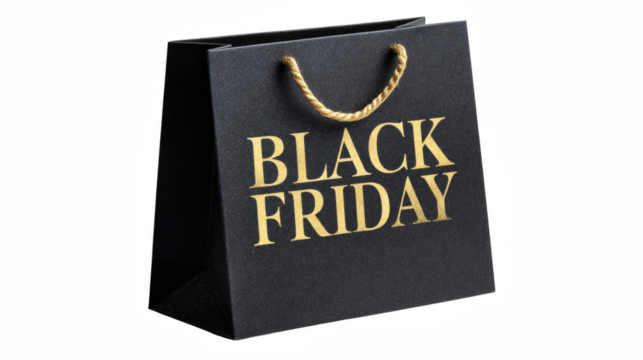 A black shopping bag with golden handles and black friday text on a black background
