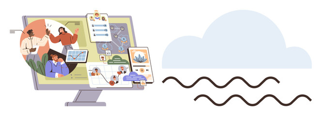 Fototapeta premium Computer screen displaying team communication, workflow charts, and notes, combined with cloud and data lines. Ideal for teamwork, remote work, project management, cloud storage, workplace