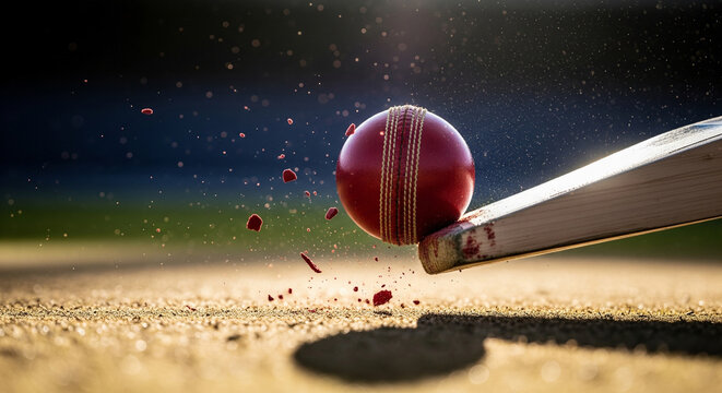 Dynamic close up of cricket ball hitting bat with dirt particles flying in the air during match - Powered by Adobe