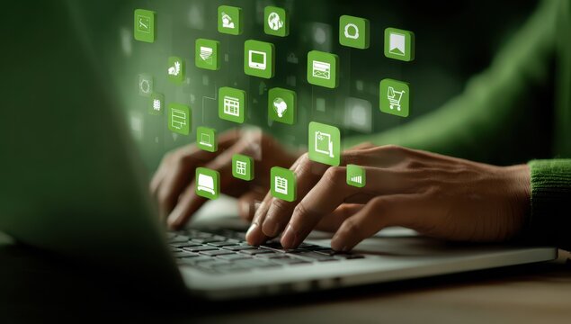 Person working on a laptop with floating, light green app icons