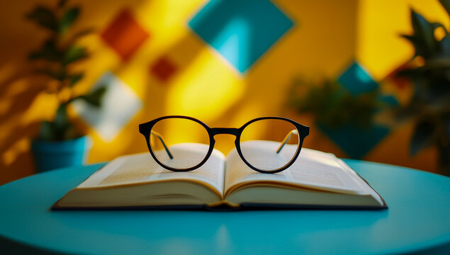A pair of glasses on an open book, surrounded by plants arranged in tubs and abstract geometric shapes, against a softly lit backdrop, creates a cozy and artistic atmosphere.
