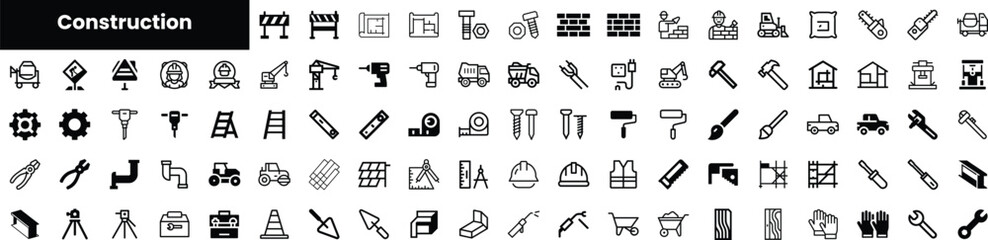A comprehensive collection of construction icons, featuring tools, machinery, and safety equipment in a minimalist black and white design, ideal for construction-related projects.