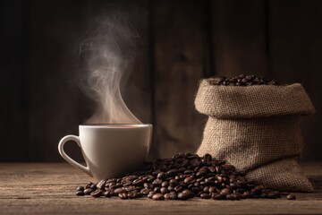 Steam rising from a white coffee cup next to a burlap coffee bean sack on a rustic wooden table
