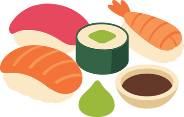 Assortment of Sushi with Salmon Tuna Shrimp Maki Wasabi and Soy Sauce