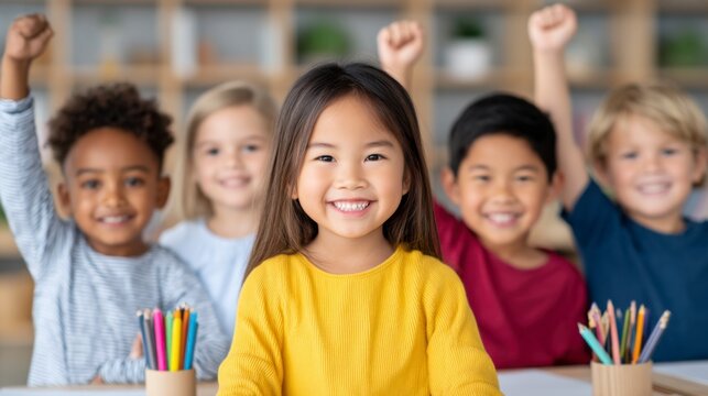 Five diverse children smiling and raising fists, sitting at a table with colorful pencils, expressing joy and unity in a bright classroom setting.