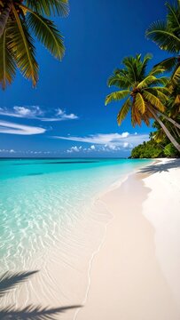 Idyllic tropical beach scene with crystal-clear turquoise water, soft white sand, and palm trees