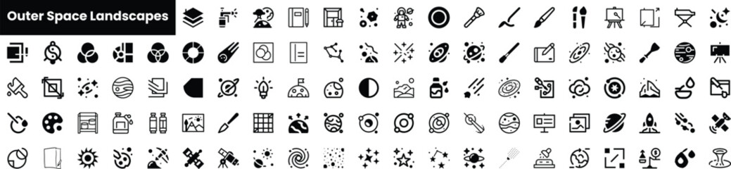 A diverse collection of black and white icons representing outer space landscapes, showcasing vibrant planets, stars, and cosmic elements in a creative, stylish design.