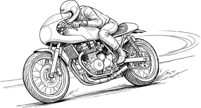 A detailed monochrome line drawing of a cafe racer motorcycle in motion