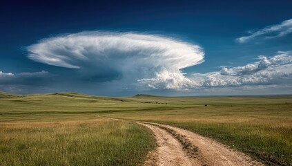 Prairie road leads to lenticular cloud, sunny day