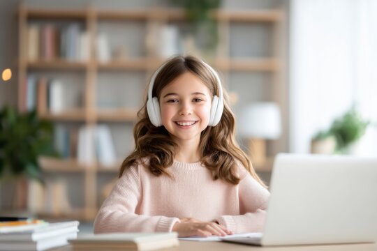 A smiling young girl wearing headphones sits at a desk with a laptop, ready for online learning in a bright, cozy room.