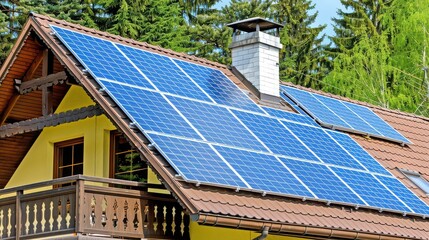 House with solar panels on the roof surrounded by green trees and a chimney on a sunny day outside