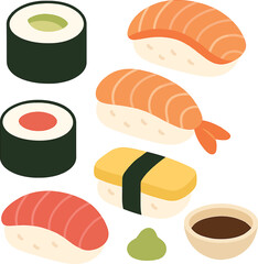 Assorted Sushi Set with Soy Sauce and Wasabi on White Background