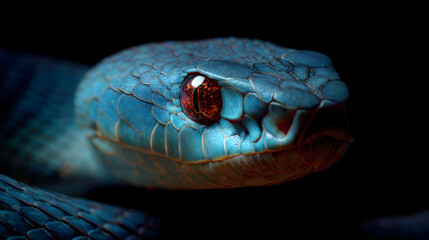 Close-up of a Blue Snake with Glowing Red Eyes in Darkness