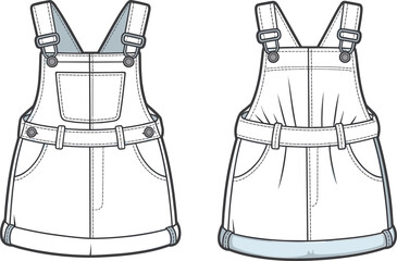 Front and back view of kids denim dungaree skirt, cad fashion sketch, flat vector template, technical clothing drawing, editable design
