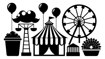 Naklejka premium Carnival amusement silhouettes Ferris wheel, cotton candy, clown, roller coaster, bumper car, popcorn box, and balloon black vector silhouette on white background