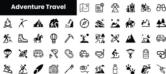 A collection of adventure travel icons, featuring diverse activities like hiking, camping, and climbing, perfect for showcasing outdoor exploration and excitement.