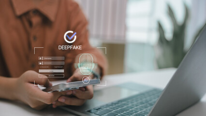 Person accessing secure login with facial recognition, highlighting deepfake threats, biometric authentication, and AI-generated identity verification risks on smartphone and digital systems.