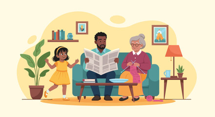 Happy multigenerational family relaxing at home - perfect for family, togetherness, and wellbeing website or brochure.