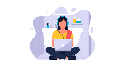 Woman working on laptop in bathroom, perfect for blog posts about remote work or work-life balance.