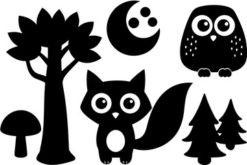 Fototapeta premium Forest night creatures owl on branch, deer in alert, fox sneaking, raccoon, bear silhouette, mushrooms, and tree trunk black vector silhouette on white background