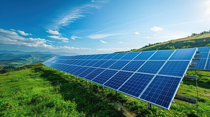 A scenic view of solar panels on a grassy hill under a bright blue sky with scattered white clouds