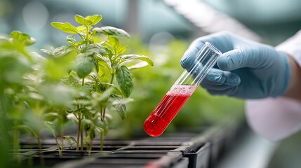 Plant Experiment with Test Tube in Greenhouse