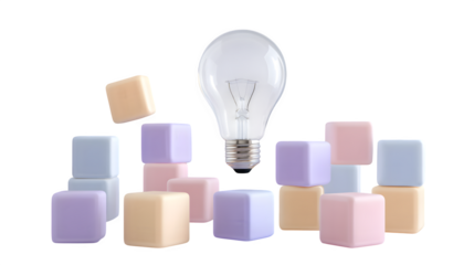 Lightbulb floating surrounded by pastel cubes and lavender