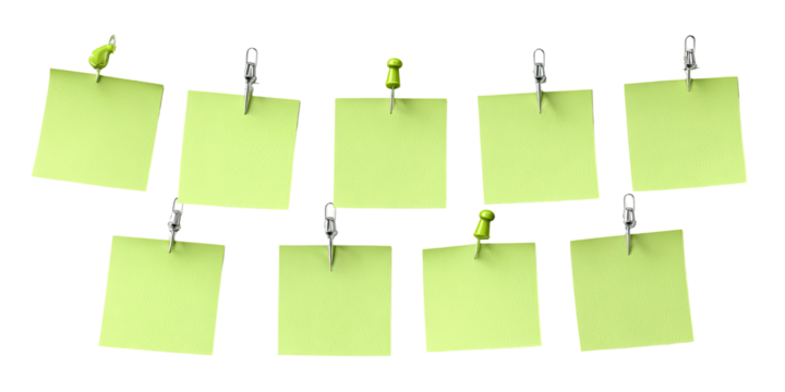 Nine light-green sticky notes, pinned to a dark background (1)